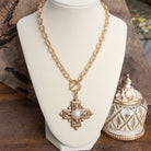 Decorative Cross Necklace Worn Gold Tone Front Toggle and Pearl-Necklaces-PennyLine inc-Stuffology - Where Vintage Meets Modern, A Boutique for Real Women in Crosbyton, TX