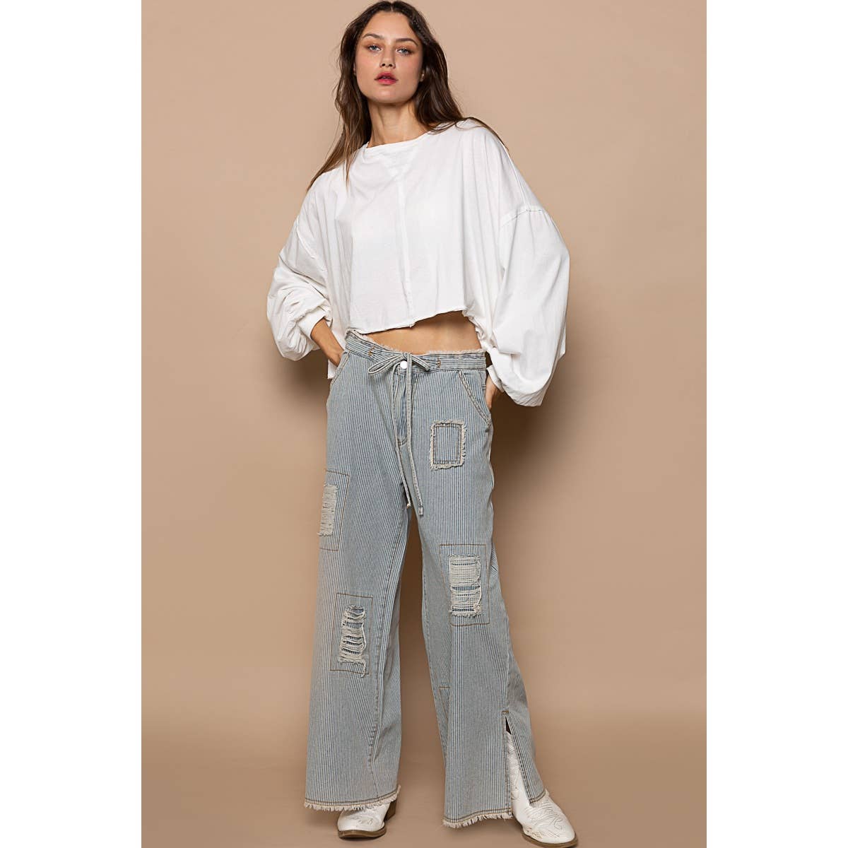 Distressed waist strape stripe denim wide pants-Jeans-Pol Clothing-Stuffology - Where Vintage Meets Modern, A Boutique for Real Women in Crosbyton, TX