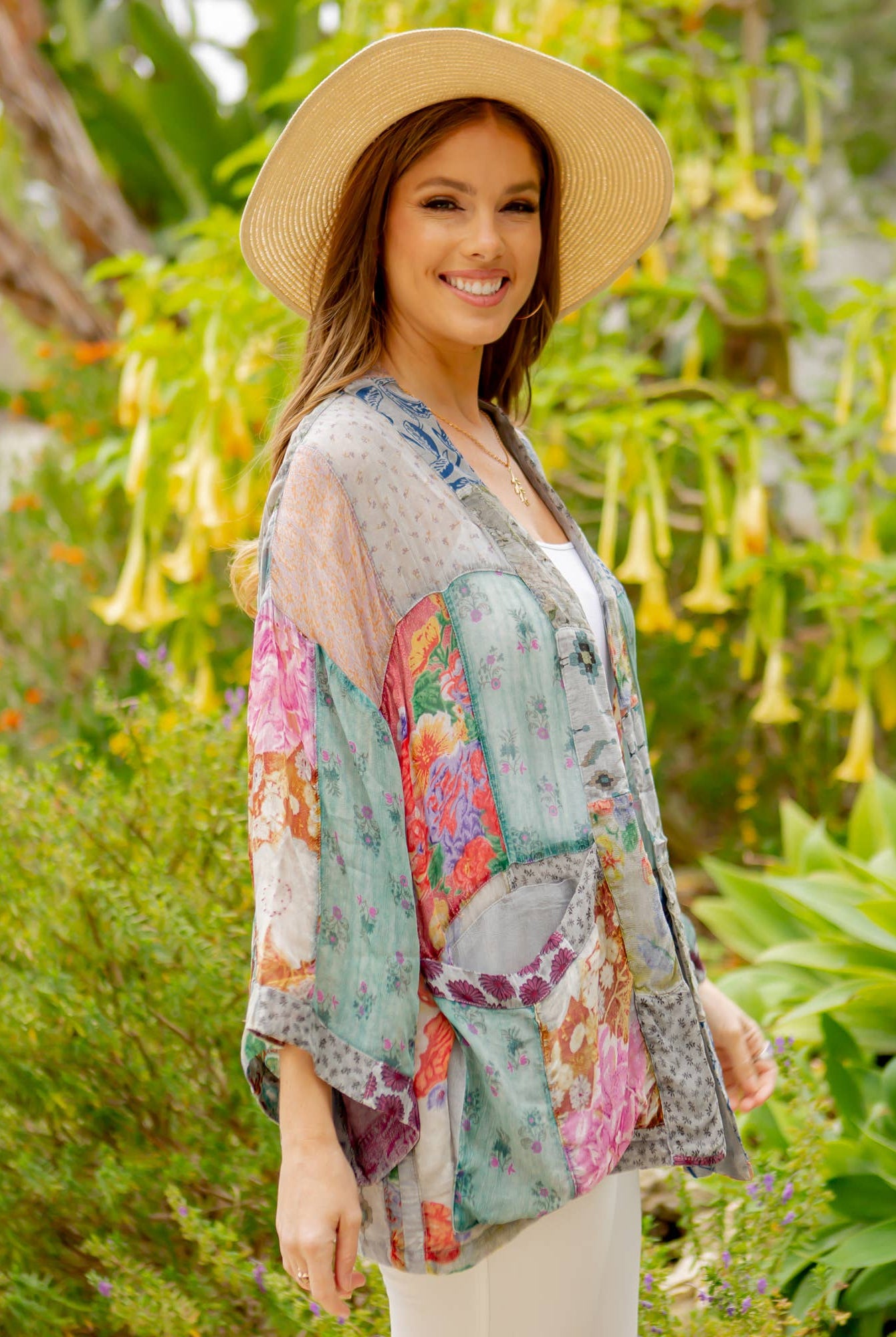 Boho Kimono Jacket Top In Overdyed Mix N Match Patches | Stuffology Boutique-Kimonos-Young Threads-Stuffology - Where Vintage Meets Modern, A Boutique for Real Women in Crosbyton, TX