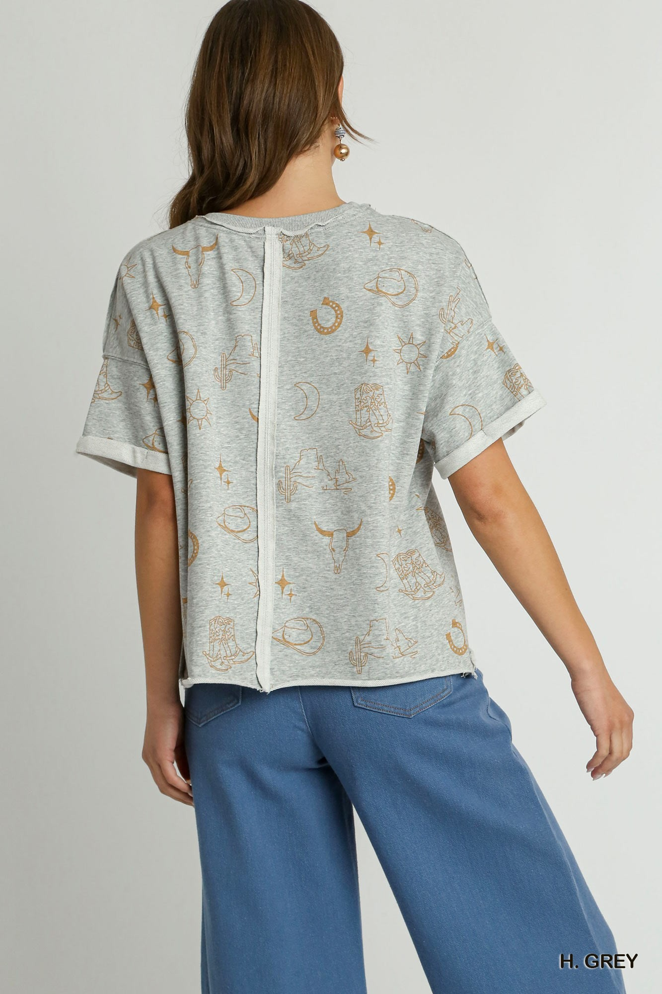 Round Neck French Terry Top with Graphics & Frayed Hem / Stuffology Boutique-TOP-Umgee-Stuffology - Where Vintage Meets Modern, A Boutique for Real Women in Crosbyton, TX