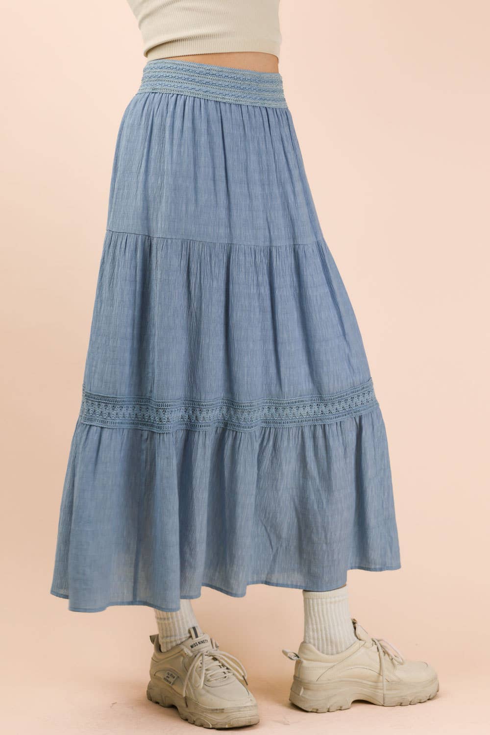 Tiered Layers Solid Woven Skirt W/ Lace Trim-Skirts-VERY J-Stuffology - Where Vintage Meets Modern, A Boutique for Real Women in Crosbyton, TX