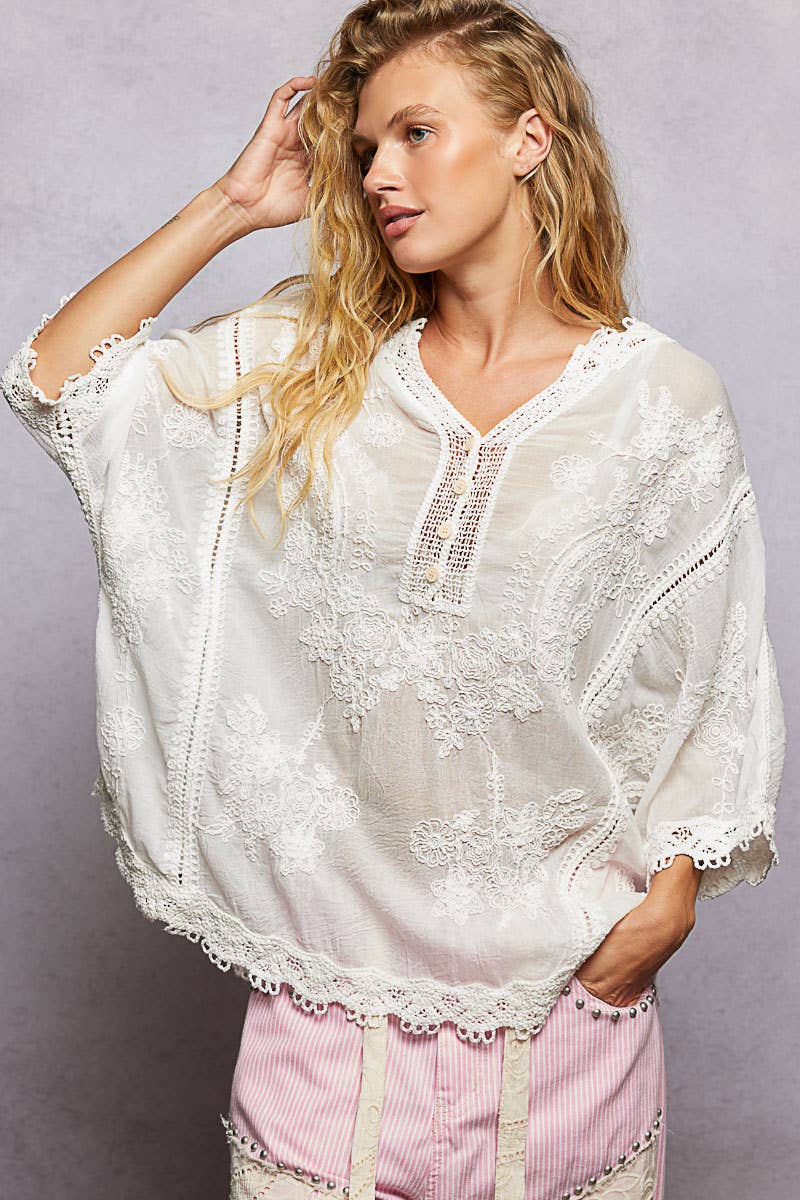 POL Clothing V-neck Short Sleeve Floral Embroidered Crochet Blouse Top-Crochet Top-Pol Clothing-Stuffology - Where Vintage Meets Modern, A Boutique for Real Women in Crosbyton, TX
