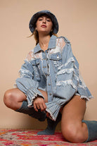 Lace Trim and Panel Collared Button Down Denim Jacket /Stuffology Boutique-Jackets-Pol Clothing-Stuffology - Where Vintage Meets Modern, A Boutique for Real Women in Crosbyton, TX