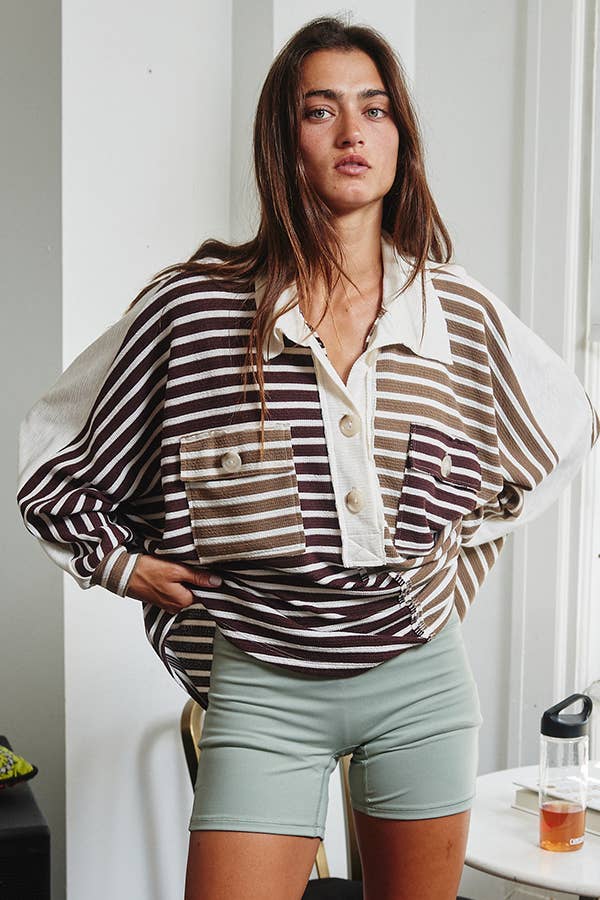 Stripe Color-Block Oversized Button Up Polo Top /Stuffology Boutique-TOP-BUCKETLIST-Stuffology - Where Vintage Meets Modern, A Boutique for Real Women in Crosbyton, TX