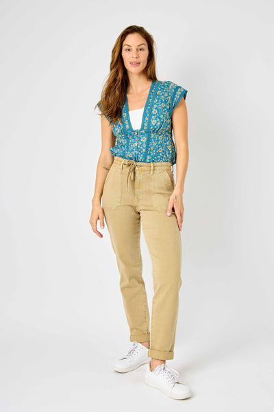 Judy Blue High Waist Khaki Garment Dyed Cuffed Jogger | Stuffology Boutique-Joggers-Judy Blue-Stuffology - Where Vintage Meets Modern, A Boutique for Real Women in Crosbyton, TX