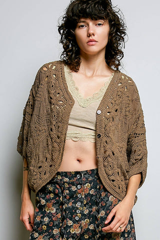 Batwing Sleeve Button Down Solid Crochet Cardigan Top-Pol Clothing-Stuffology - Where Vintage Meets Modern, A Boutique for Real Women in Crosbyton, TX