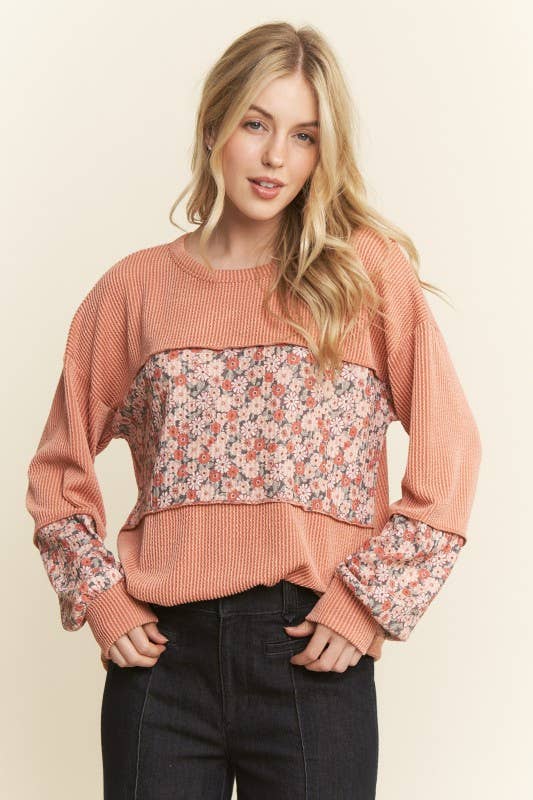 LONG SLEEVE RIBBED FLORAL TOP-TOP-HEIMISH-Stuffology - Where Vintage Meets Modern, A Boutique for Real Women in Crosbyton, TX
