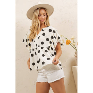 PLAYFUL POLKA PEPLUM TOP-Sage + Fig-Stuffology - Where Vintage Meets Modern, A Boutique for Real Women in Crosbyton, TX
