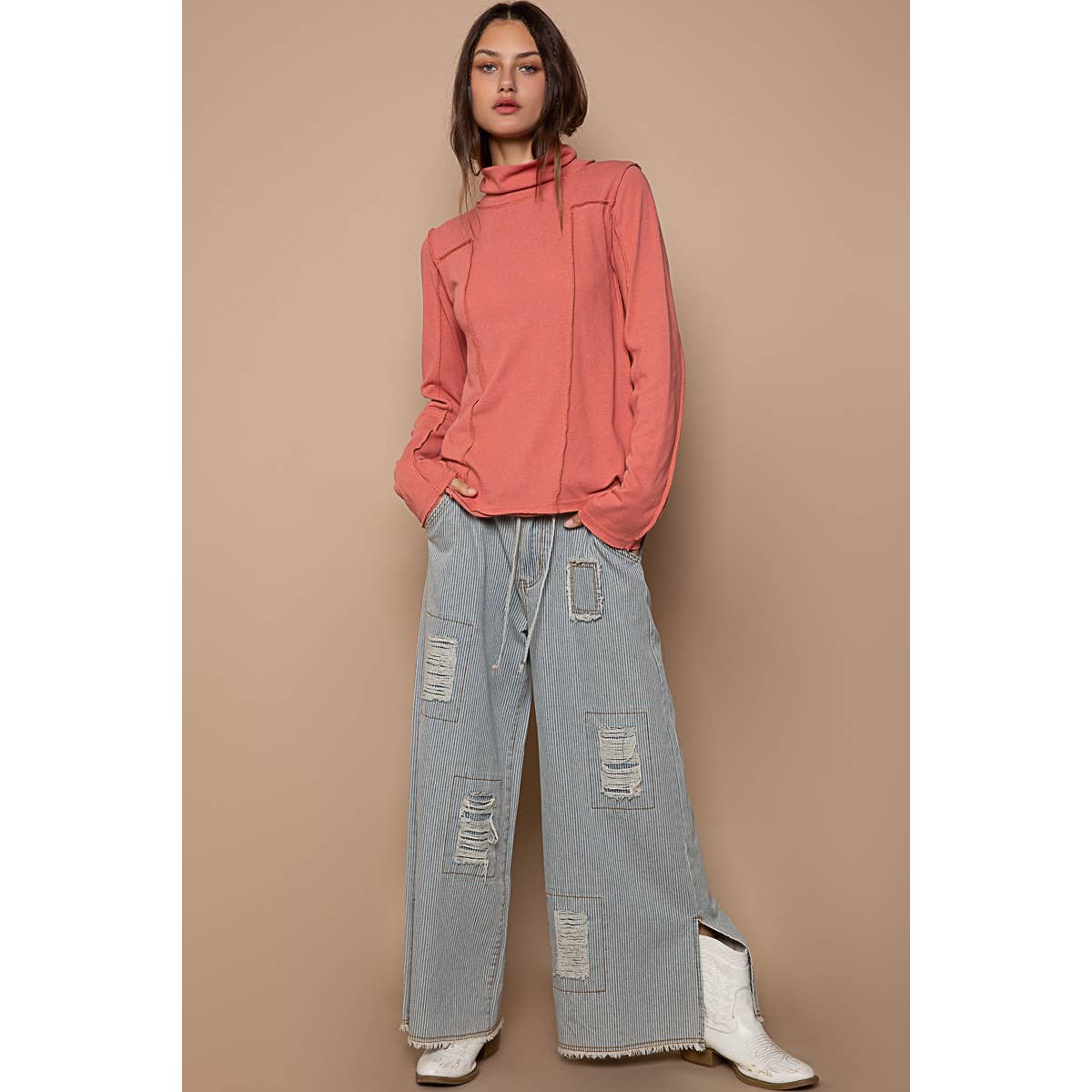 Distressed waist strape stripe denim wide pants-Jeans-Pol Clothing-Stuffology - Where Vintage Meets Modern, A Boutique for Real Women in Crosbyton, TX