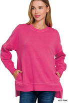 PIGMENT DYE FLEECE HI-LOW HEM PULLOVER WITH POCKET-SWEATSHIRT-Stuffology Boutique-Stuffology - Where Vintage Meets Modern, A Boutique for Real Women in Crosbyton, TX