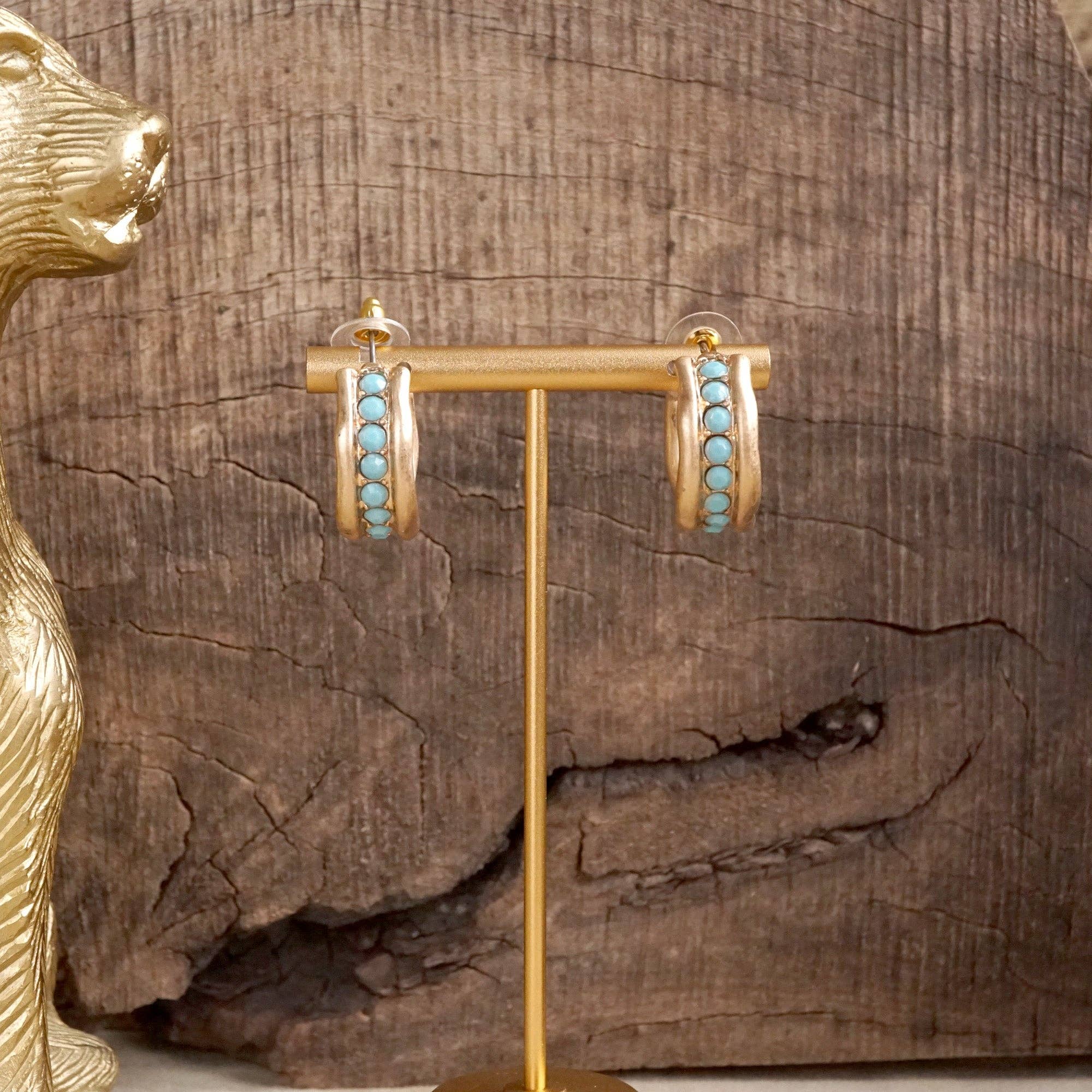 Minimalist Hoops with Faux Pearls or Turquoise – Brushed Gold-Earrings-PennyLine inc-Stuffology - Where Vintage Meets Modern, A Boutique for Real Women in Crosbyton, TX