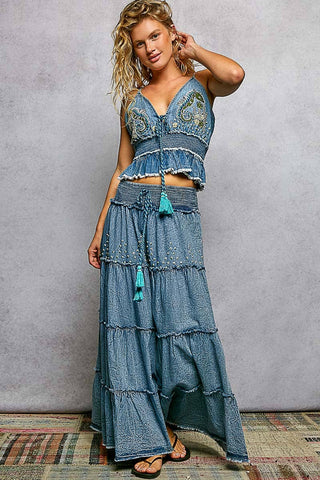 Boho Belle Tiered Denim Maxi Skirt-Skirts-Pol Clothing-Stuffology - Where Vintage Meets Modern, A Boutique for Real Women in Crosbyton, TX