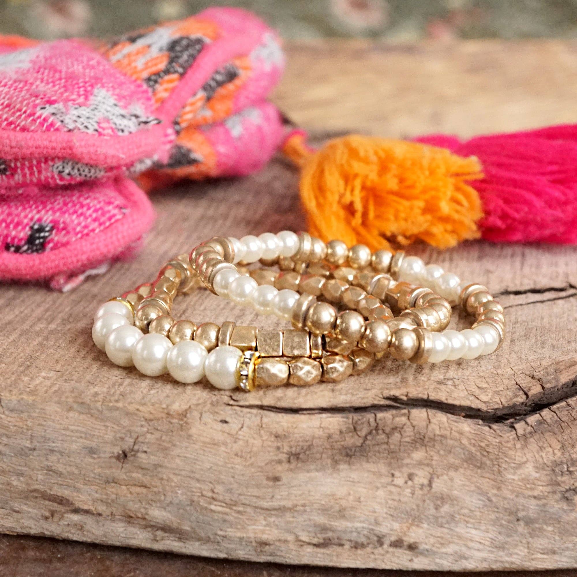 Pearls and Antique Gold Beaded Bracelet Set-Bracelets-PennyLine inc-Stuffology - Where Vintage Meets Modern, A Boutique for Real Women in Crosbyton, TX