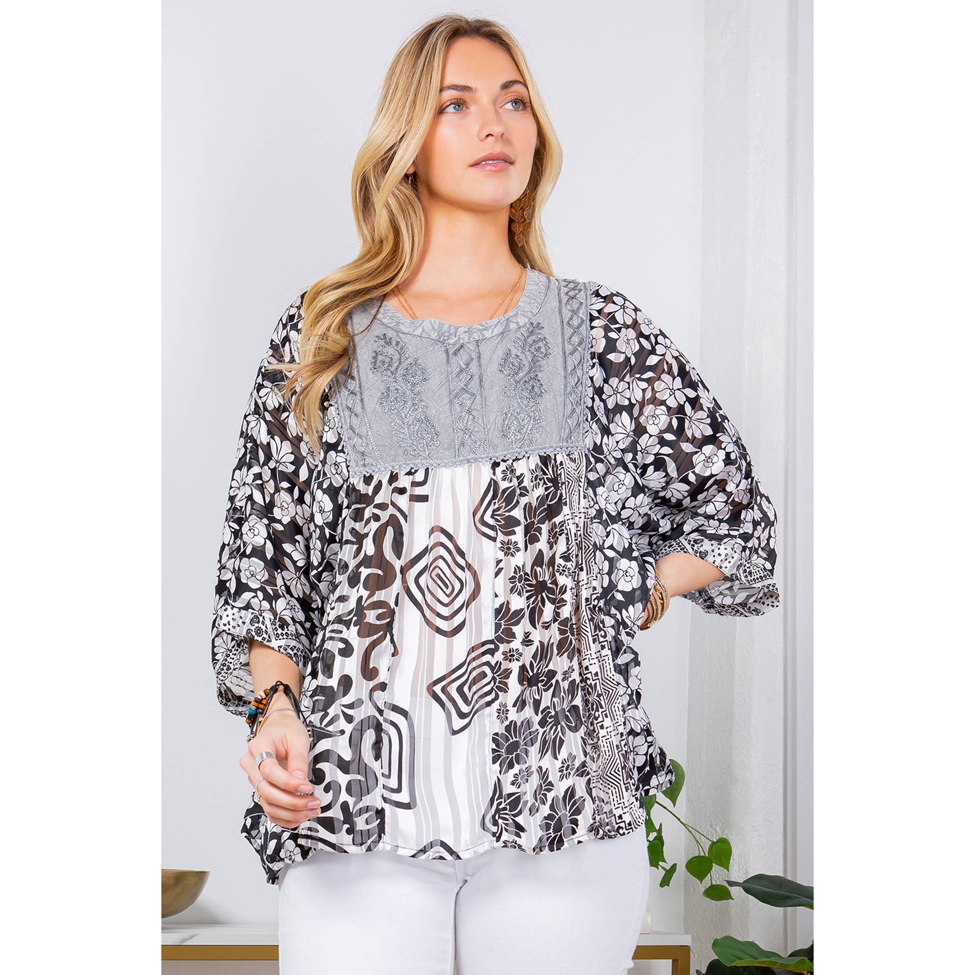 Overdyed Black and White Dolman Sleeve Top with Yoke and Print Patchwork / Stuffology Boutique-Top-Young Threads-Stuffology - Where Vintage Meets Modern, A Boutique for Real Women in Crosbyton, TX