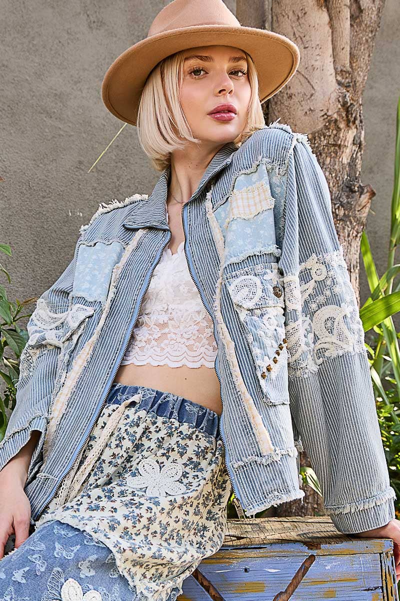 Long sleeve textured woven lace patchwork jacket-Pol Clothing-Stuffology - Where Vintage Meets Modern, A Boutique for Real Women in Crosbyton, TX