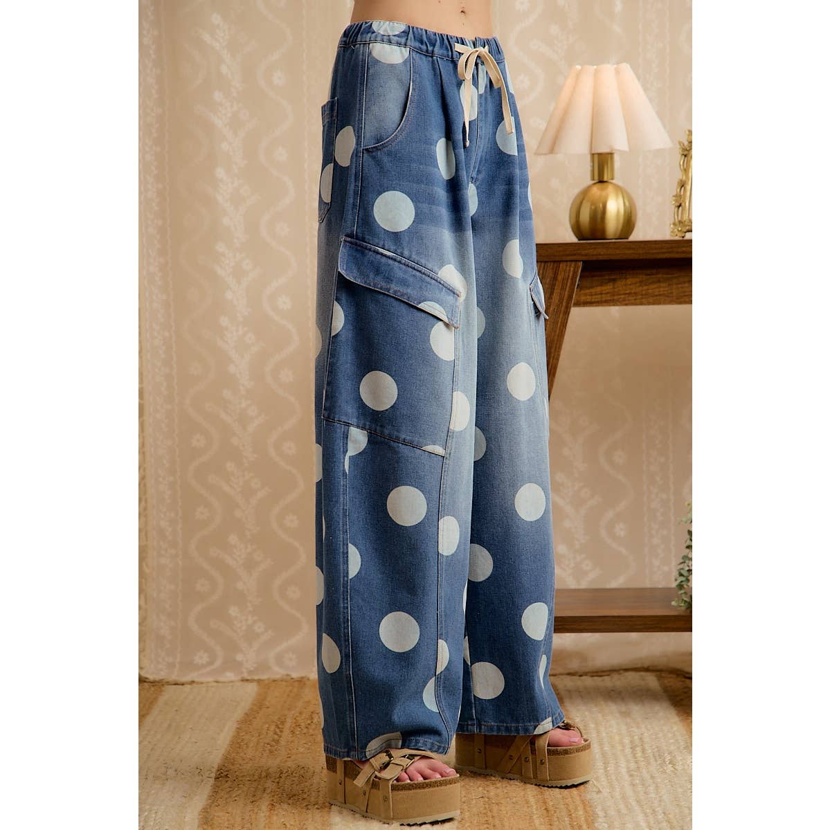 WASHED POLKA DOT DENIM BARREL PANTS WITH CARGO POCKETS-BiBi-Stuffology - Where Vintage Meets Modern, A Boutique for Real Women in Crosbyton, TX