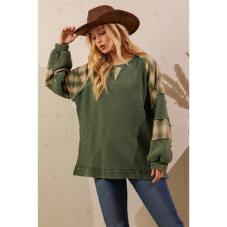 WAFFLE KNIT PATCHWORK PULLOVER-TOP-Sage + Fig-Stuffology - Where Vintage Meets Modern, A Boutique for Real Women in Crosbyton, TX