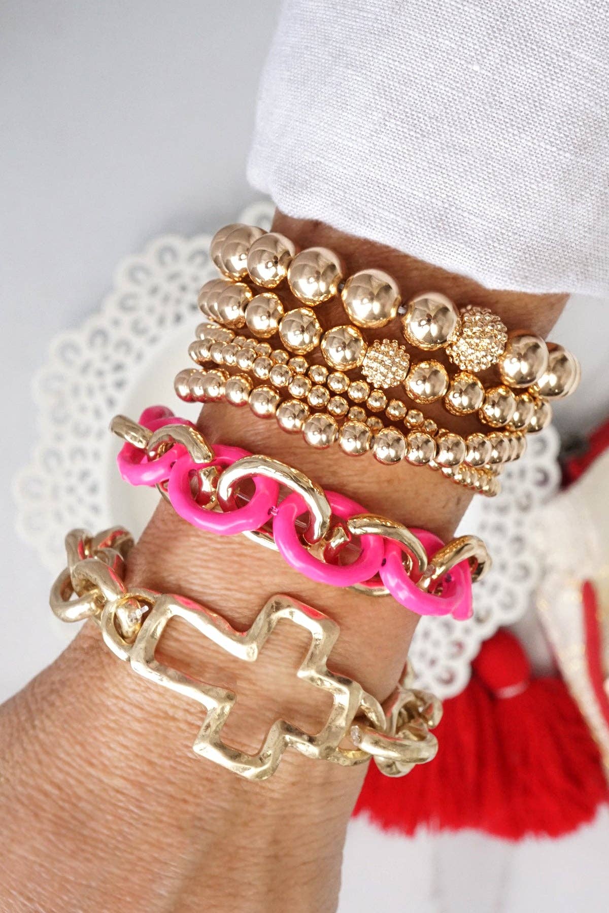 Multi size ball beaded bracelet stack Gold tone bracelet set-Bracelets-PennyLine inc-Stuffology - Where Vintage Meets Modern, A Boutique for Real Women in Crosbyton, TX