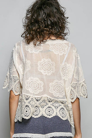 Crochet Trim Neckline Short Sleeve Jacket Top-Pol Clothing-Stuffology - Where Vintage Meets Modern, A Boutique for Real Women in Crosbyton, TX