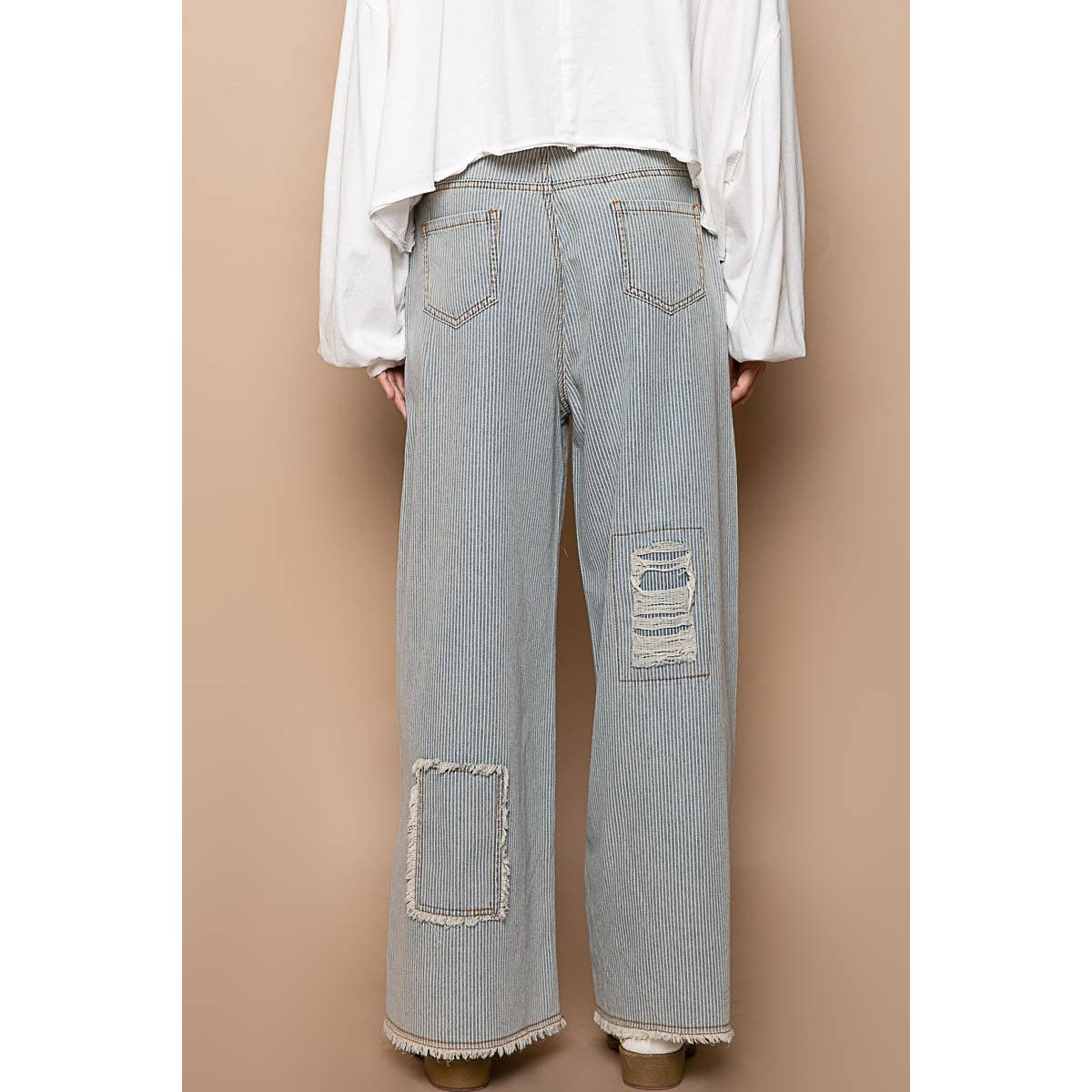 Distressed waist strape stripe denim wide pants-Jeans-Pol Clothing-Stuffology - Where Vintage Meets Modern, A Boutique for Real Women in Crosbyton, TX