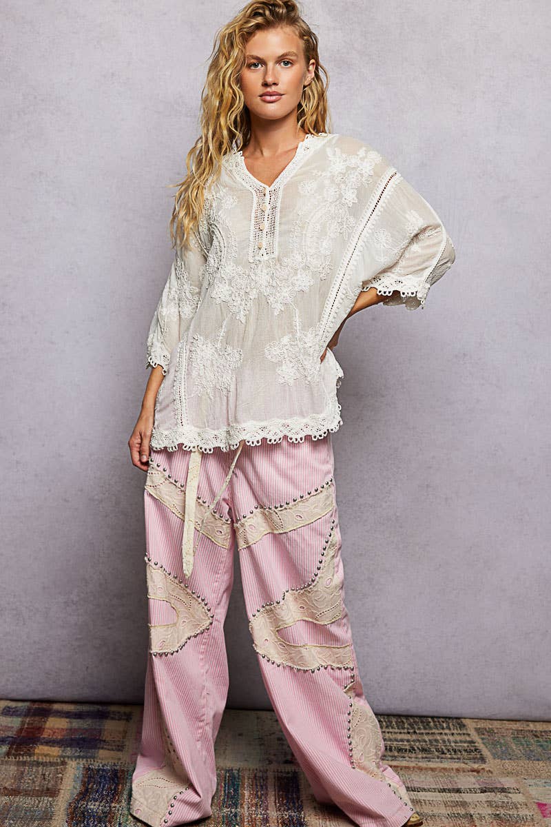 POL Clothing V-neck Short Sleeve Floral Embroidered Crochet Blouse Top-Crochet Top-Pol Clothing-Stuffology - Where Vintage Meets Modern, A Boutique for Real Women in Crosbyton, TX
