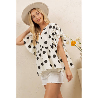 PLAYFUL POLKA PEPLUM TOP-Sage + Fig-Stuffology - Where Vintage Meets Modern, A Boutique for Real Women in Crosbyton, TX