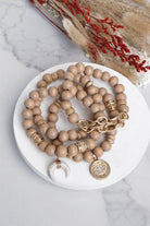 Beaded Boho Bracelets set of 4 with Gold Coin Neutral wooden Beads and Metal chain-Bracelets-PennyLine inc-Stuffology - Where Vintage Meets Modern, A Boutique for Real Women in Crosbyton, TX