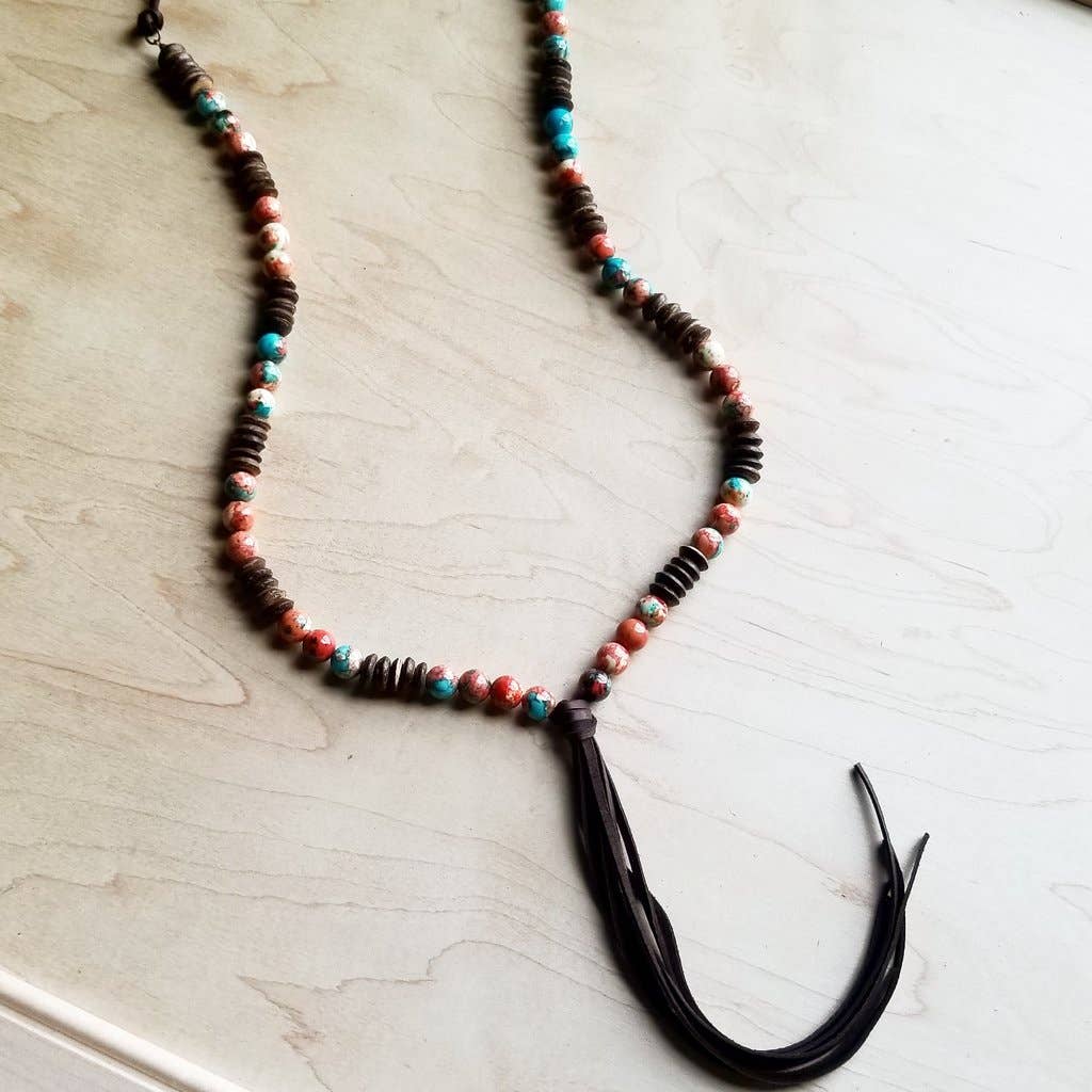 Multi-Colored Turquoise Necklace w/ Wood and Leather Tassel /Stuffology Boutique-Necklaces-The Jewelry Junkie-Stuffology - Where Vintage Meets Modern, A Boutique for Real Women in Crosbyton, TX