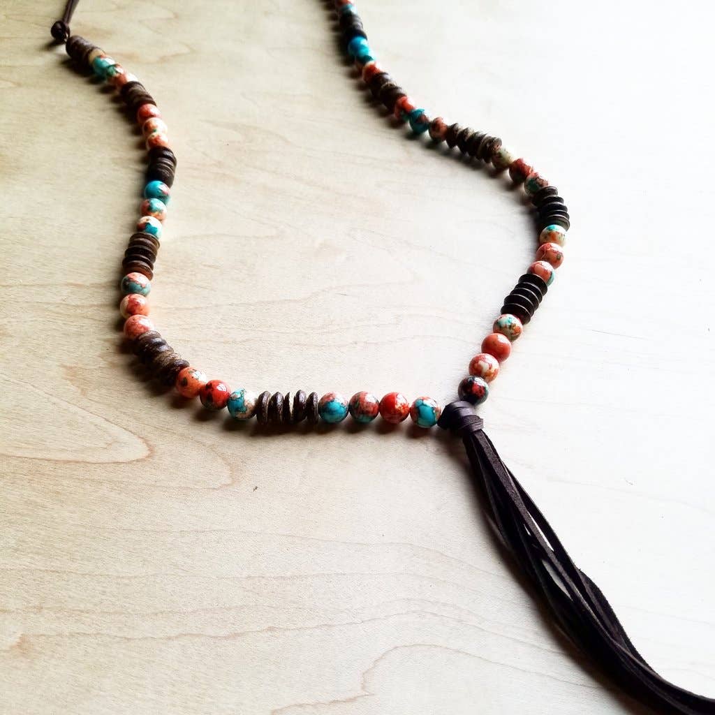 Multi-Colored Turquoise Necklace w/ Wood and Leather Tassel /Stuffology Boutique-Necklaces-The Jewelry Junkie-Stuffology - Where Vintage Meets Modern, A Boutique for Real Women in Crosbyton, TX