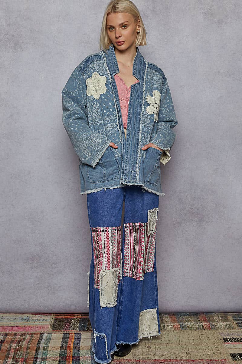 POL Clothing - Paisley pattern patch detail quilted woven twill jacket-Denim Jacket-Pol Clothing-Stuffology - Where Vintage Meets Modern, A Boutique for Real Women in Crosbyton, TX