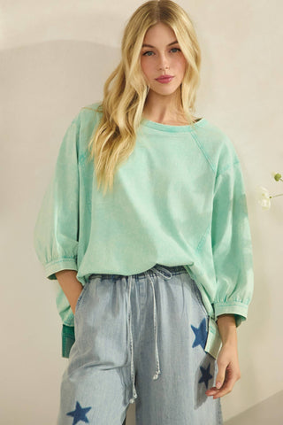 AQUA MINERAL WASH OVERSIZE PUFF-SLEEVE PULLOVER TEE-TOP-Sage + Fig-Stuffology - Where Vintage Meets Modern, A Boutique for Real Women in Crosbyton, TX