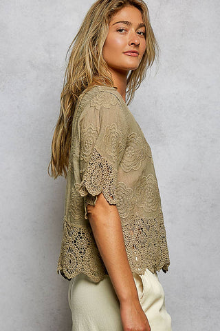 Crochet Trim Neckline Short Sleeve Jacket Top-Pol Clothing-Stuffology - Where Vintage Meets Modern, A Boutique for Real Women in Crosbyton, TX