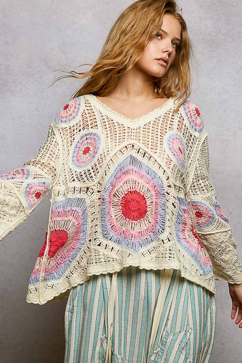 V-Neck Granny Circle Motif Scalloped Edge Crochet Top-Crochet Top-Pol Clothing-Stuffology - Where Vintage Meets Modern, A Boutique for Real Women in Crosbyton, TX