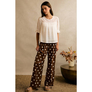 POLKA DOT CREPE SMOCKED POCKET WIDE LEG PANTS-Wide Leg Pants-So Me-Stuffology - Where Vintage Meets Modern, A Boutique for Real Women in Crosbyton, TX