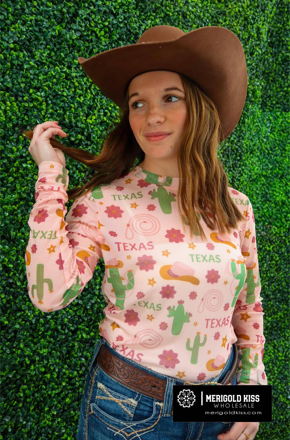 Pastel Texas Cactus Long Sleeve Mesh Top / Stuffology Boutique-Tops-Merigold Kiss-Stuffology - Where Vintage Meets Modern, A Boutique for Real Women in Crosbyton, TX