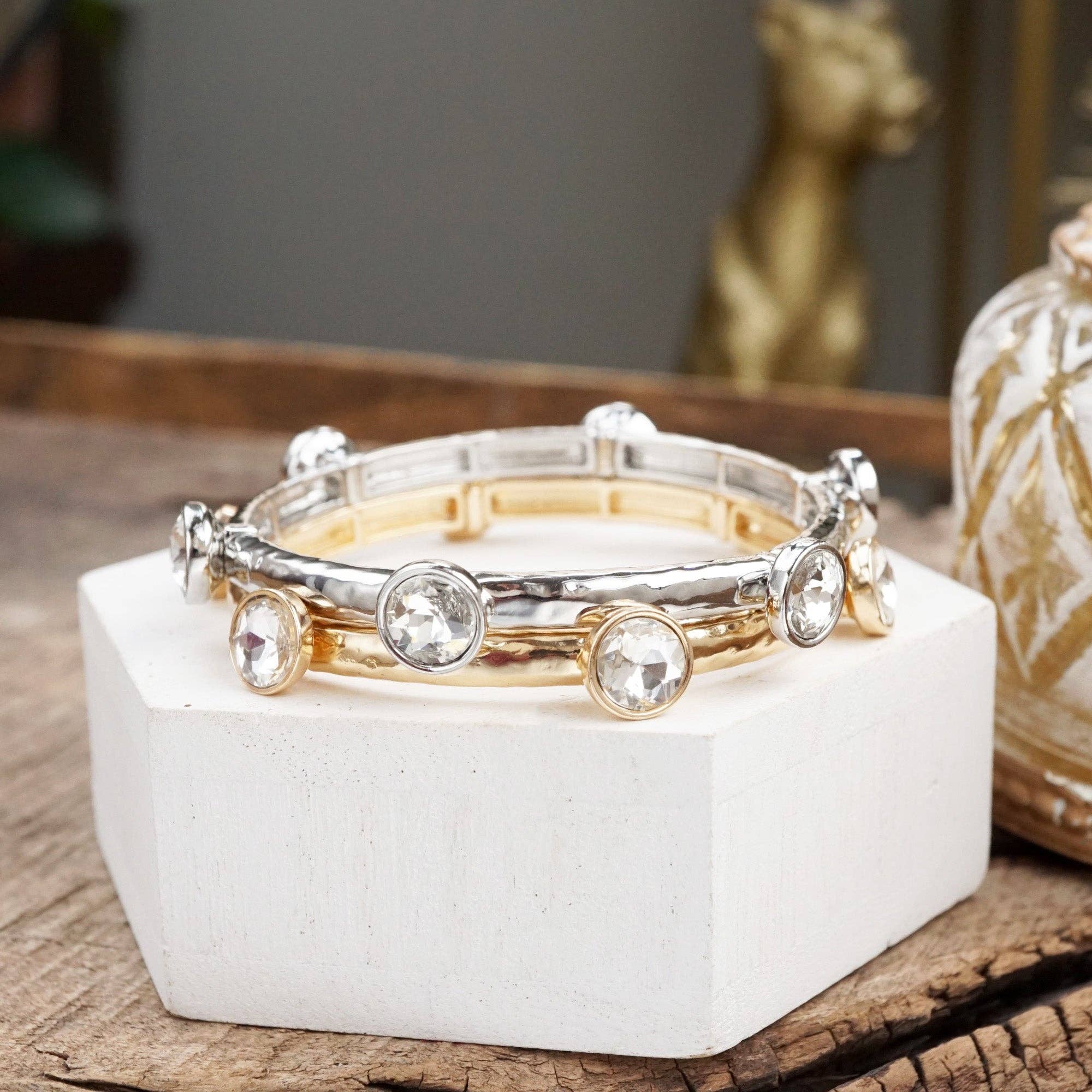 Sparkly clear crystals bangle in Gold Or Silver Tone-Bracelets-PennyLine inc-Stuffology - Where Vintage Meets Modern, A Boutique for Real Women in Crosbyton, TX