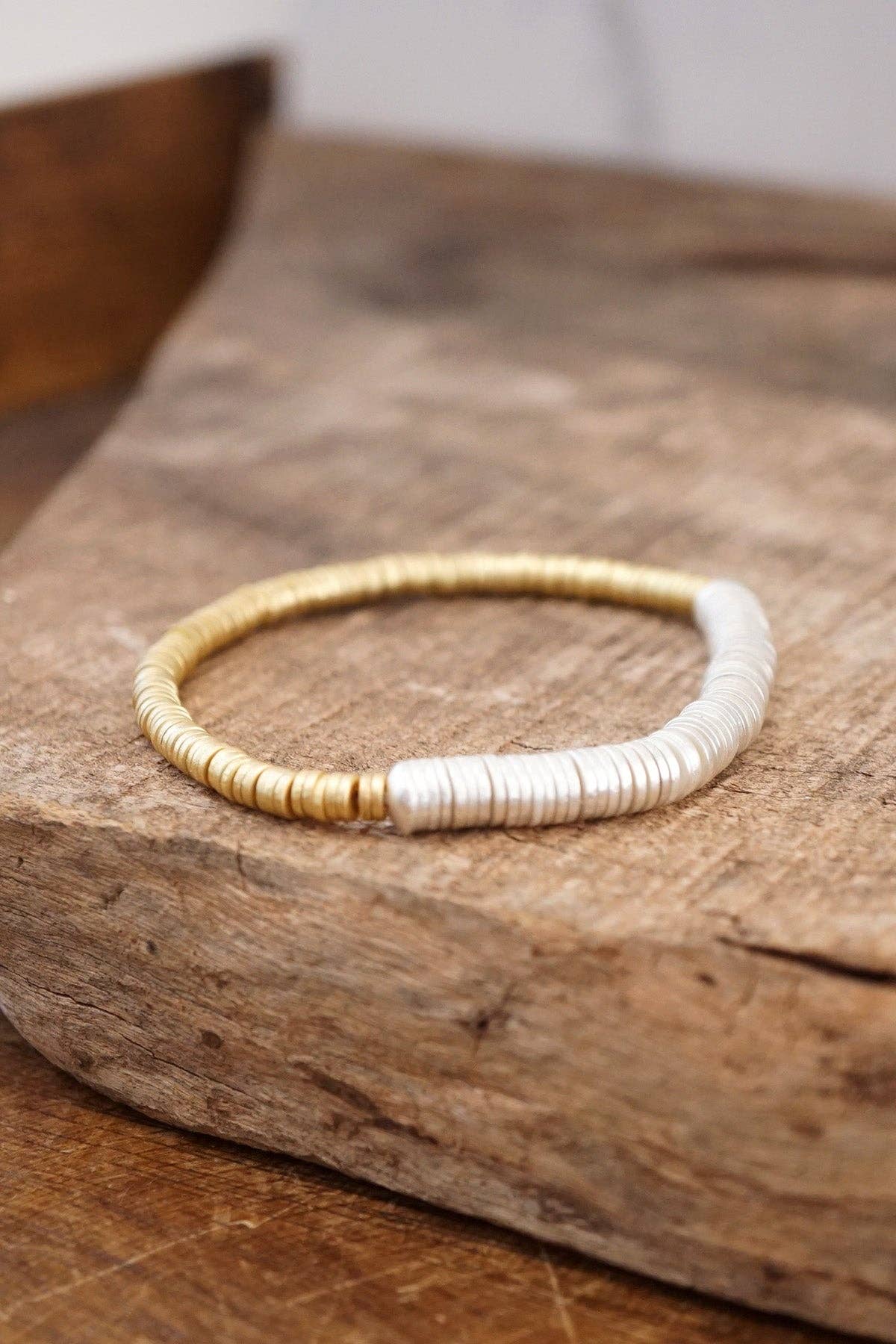 Heishi Disc Boho beaded stretchy bracelet Silver Gold Shell-Bracelets-PennyLine inc-Stuffology - Where Vintage Meets Modern, A Boutique for Real Women in Crosbyton, TX