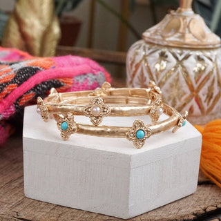 Sun-Kissed Shine – Medallion Stretchy Bangle with Pearl or Turquoise-Bracelets-PennyLine inc-Stuffology - Where Vintage Meets Modern, A Boutique for Real Women in Crosbyton, TX