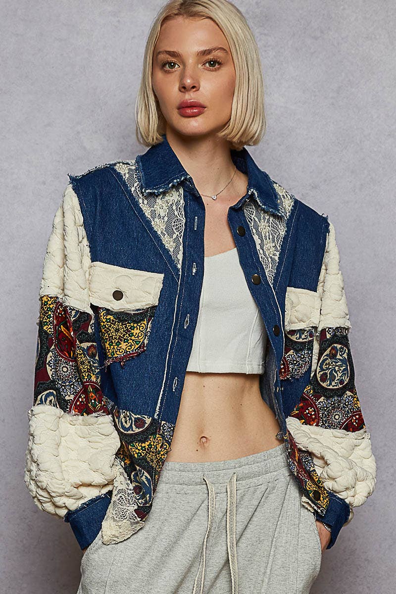 POL Clothing - Denim Patchwork Jacket-Denim Jacket-Pol Clothing-Stuffology - Where Vintage Meets Modern, A Boutique for Real Women in Crosbyton, TX