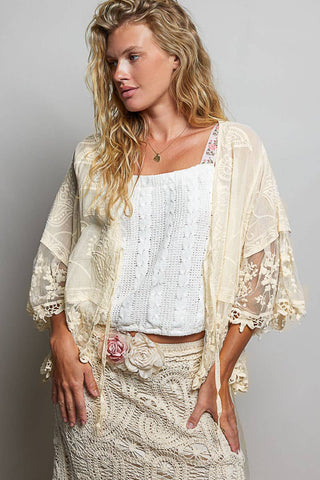 1/2 Sleeve Lace Ruffle Trim Opening Solid Crochet Cardigan-Cardigan-Pol Clothing-Stuffology - Where Vintage Meets Modern, A Boutique for Real Women in Crosbyton, TX