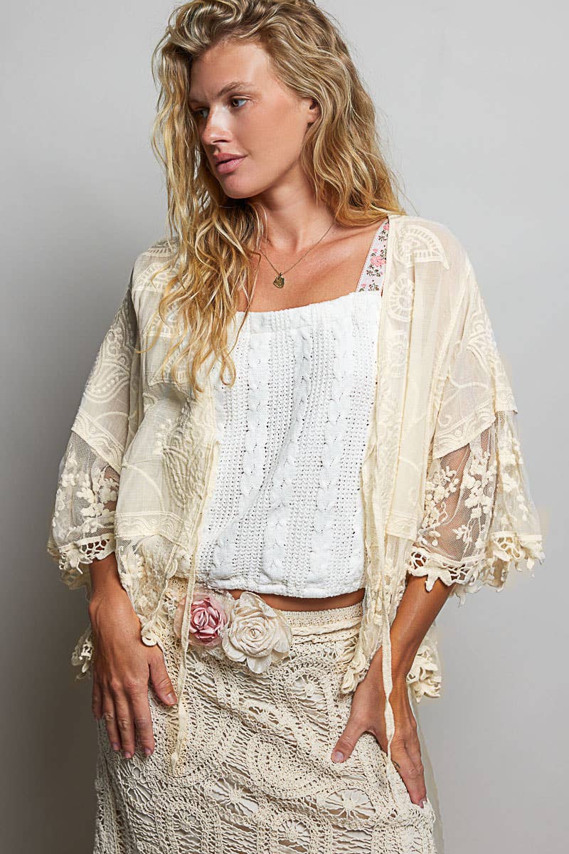 1/2 Sleeve Lace Ruffle Trim Opening Solid Crochet Cardigan-Pol Clothing-Stuffology - Where Vintage Meets Modern, A Boutique for Real Women in Crosbyton, TX