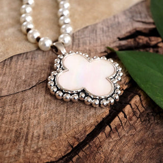 Pearlized beads Necklace with Cross and Clover pendant Mother of Pearl Abalone-Necklaces-PennyLine inc-Stuffology - Where Vintage Meets Modern, A Boutique for Real Women in Crosbyton, TX