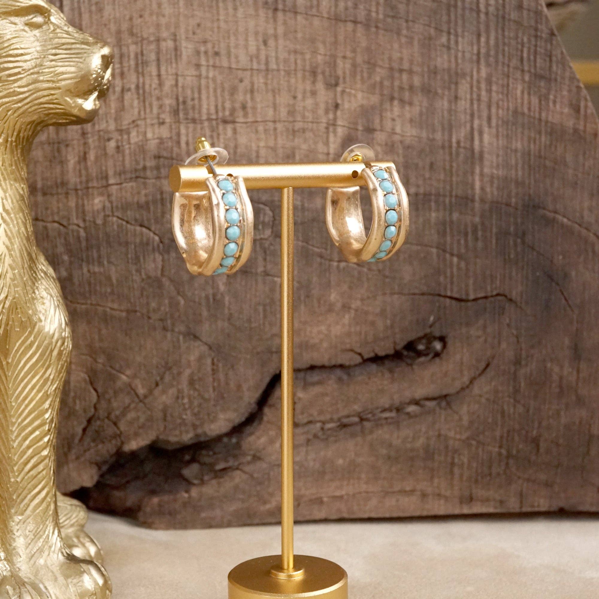 Minimalist Hoops with Faux Pearls or Turquoise – Brushed Gold-Earrings-PennyLine inc-Stuffology - Where Vintage Meets Modern, A Boutique for Real Women in Crosbyton, TX