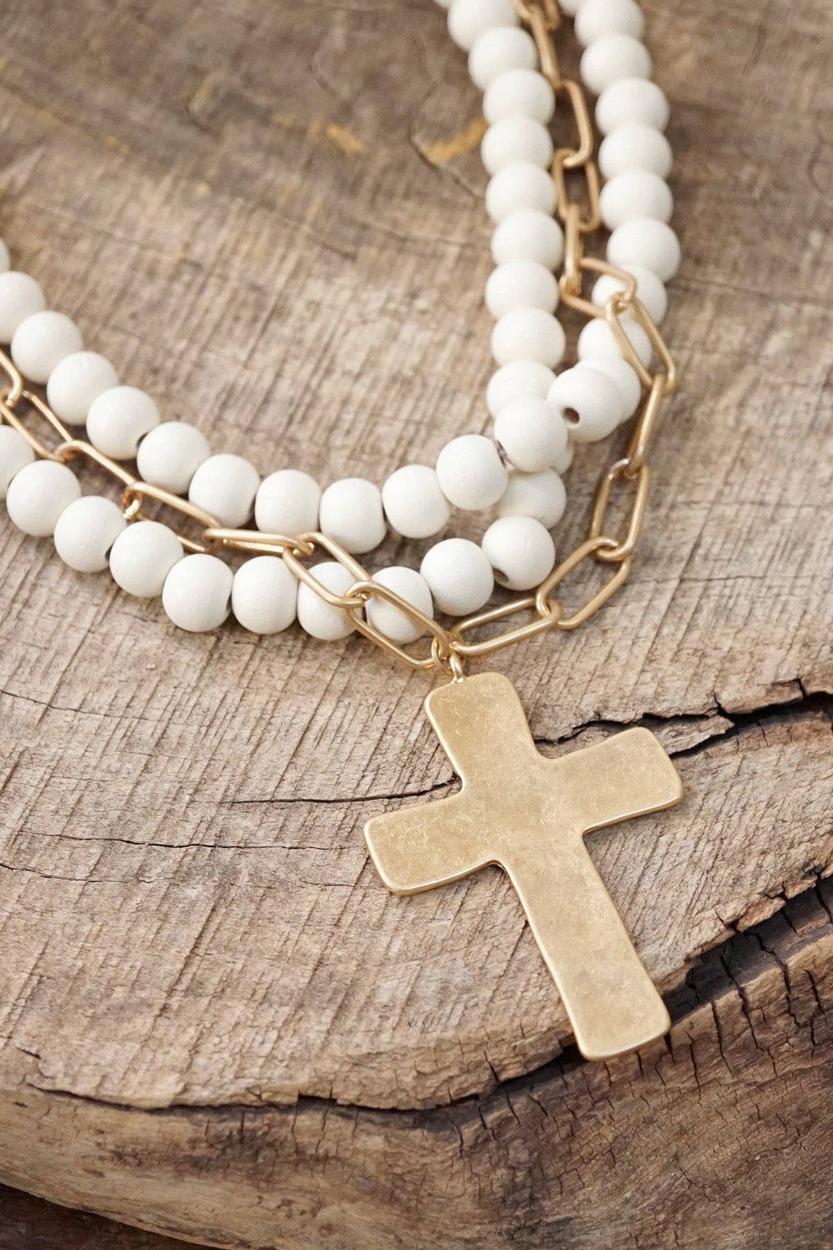 Multi Strand Wood Beads Short Statement Cross Necklace Cream-Necklaces-PennyLine inc-Stuffology - Where Vintage Meets Modern, A Boutique for Real Women in Crosbyton, TX