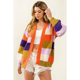 MULTI COLOR CHECKER BLOCK SWEATER CARDIGAN