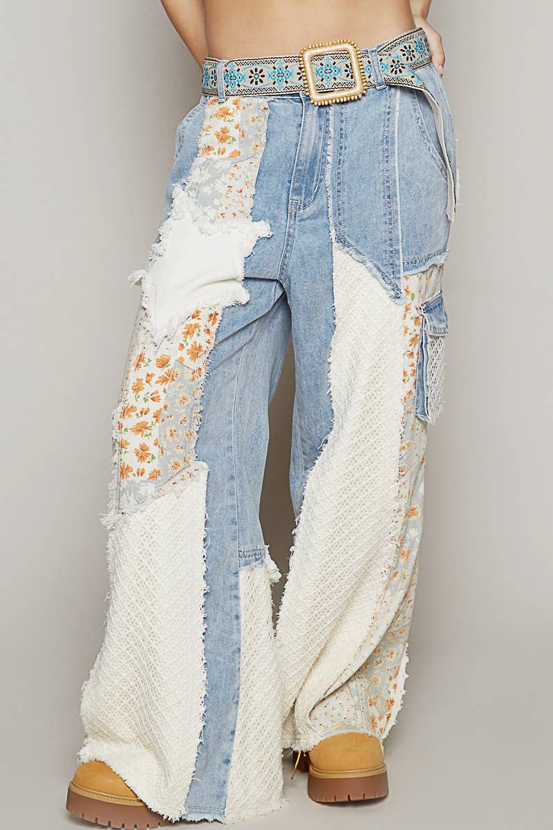 Printed Patchwork Star Detail Woven Twill Pants Jeans