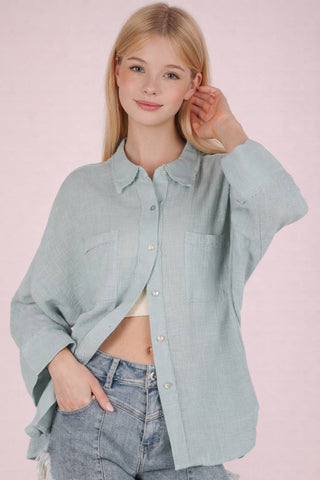 Dolman Sleeve Button Down Gauze Shirt-Top-VERY J-Stuffology - Where Vintage Meets Modern, A Boutique for Real Women in Crosbyton, TX