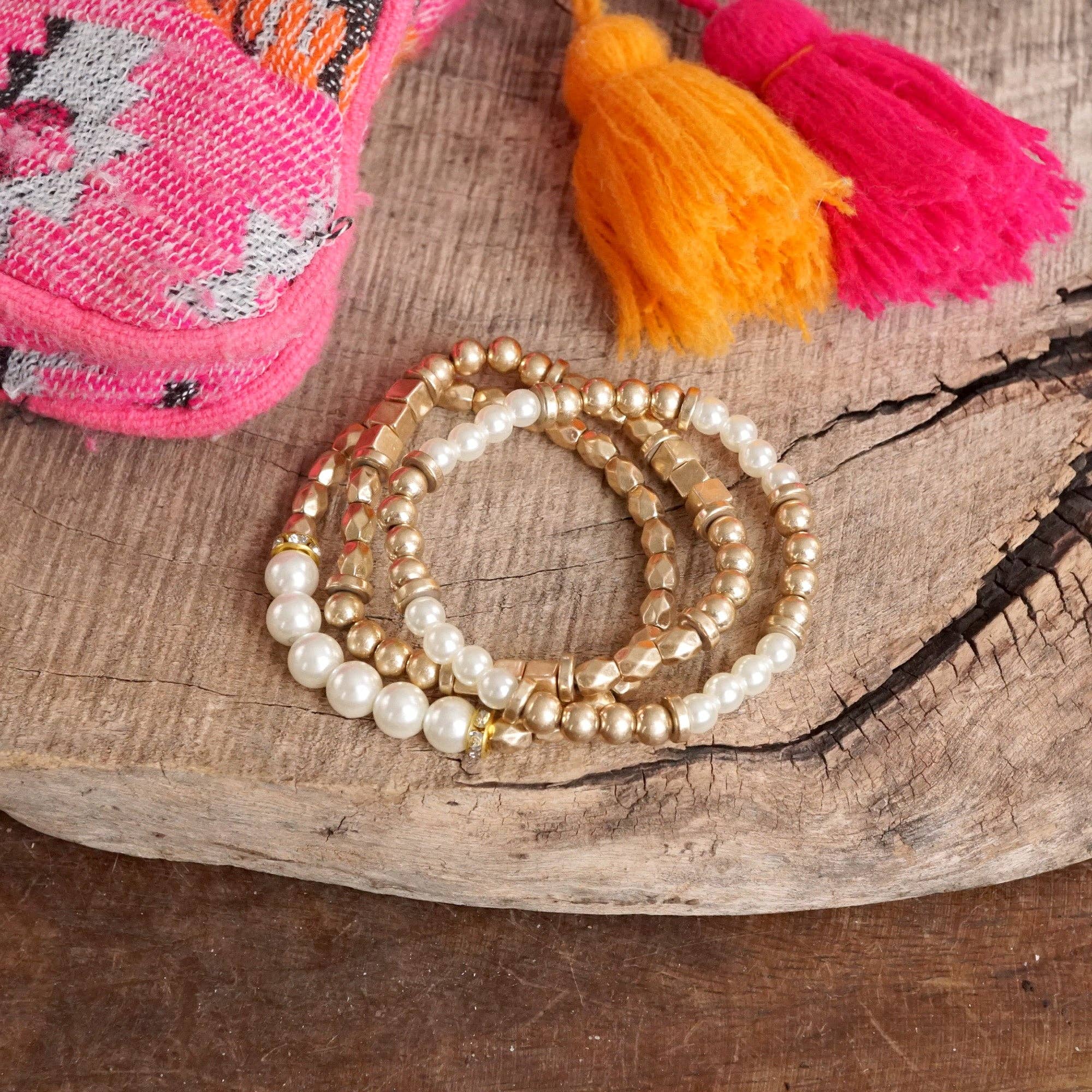 Pearls and Antique Gold Beaded Bracelet Set-Bracelets-PennyLine inc-Stuffology - Where Vintage Meets Modern, A Boutique for Real Women in Crosbyton, TX