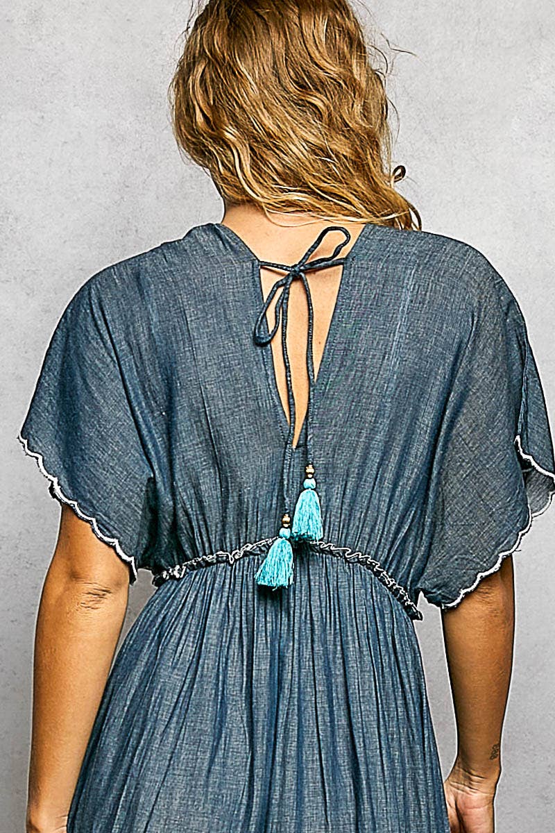 Embroidery Ruffle Neck Loop Cotton Denim V-neck Long Dress-Pol Clothing-Stuffology - Where Vintage Meets Modern, A Boutique for Real Women in Crosbyton, TX