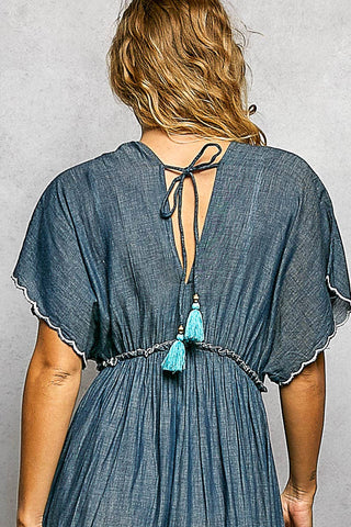 Embroidery Ruffle Neck Loop Cotton Denim V-neck Long Dress-Pol Clothing-Stuffology - Where Vintage Meets Modern, A Boutique for Real Women in Crosbyton, TX